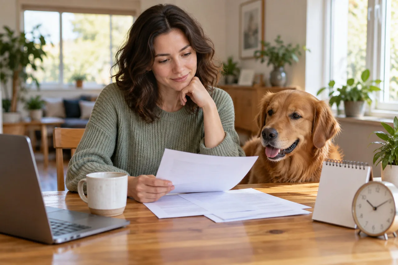 Owner reviewing documents at a table beside a dog